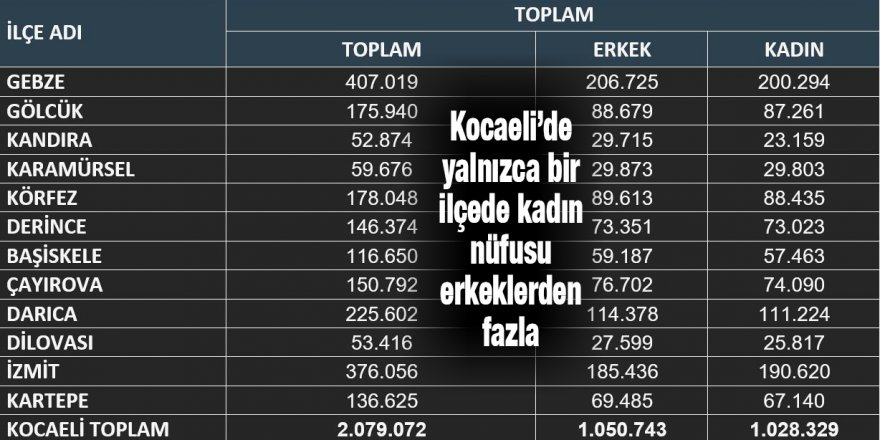 Kocaeli’de yalnızca bir ilçede kadın nüfusu erkeklerden fazla