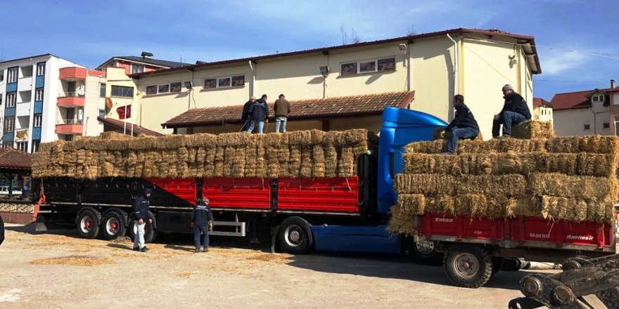 Deprem bölgesine bin 590 çuval yem ve saman gönderildi