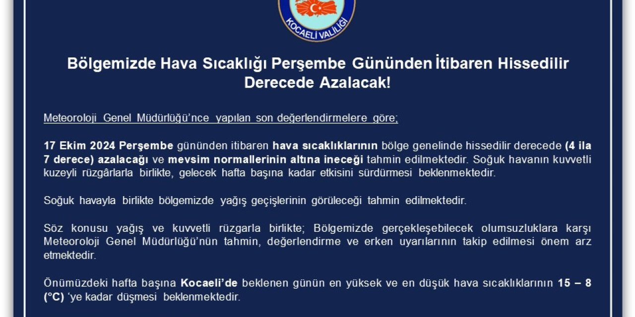 Kocaeli’de hava soğuyor! Sıcaklıklar 4 ila 7 derece düşecek