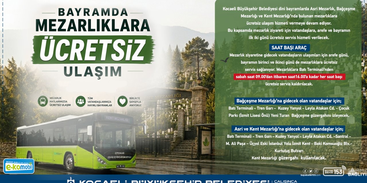 Kocaeli'de mezarlıklara ulaşım ücretsiz
