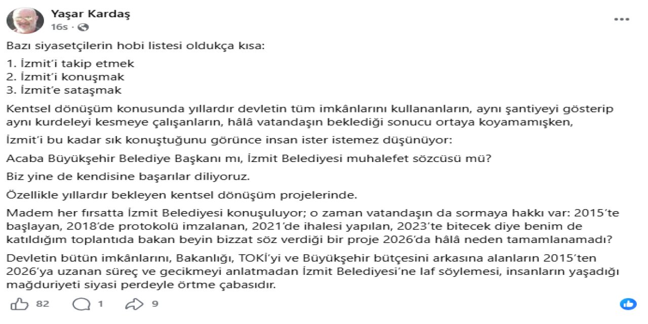 Kardaş: “Tahir Bey’in gündemi hizmet değil, İzmit’e sataşmak”