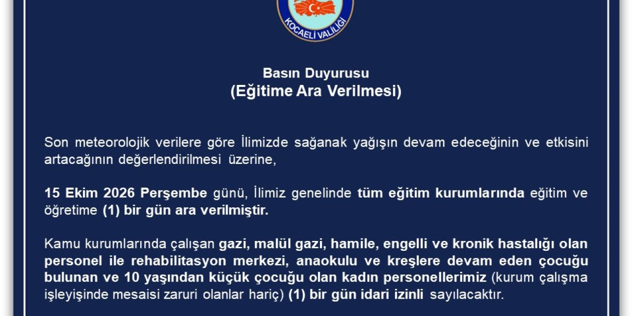 KOCAELİ’DE SAĞANAK ALARMI: OKULLARA  1 GÜN ARA!