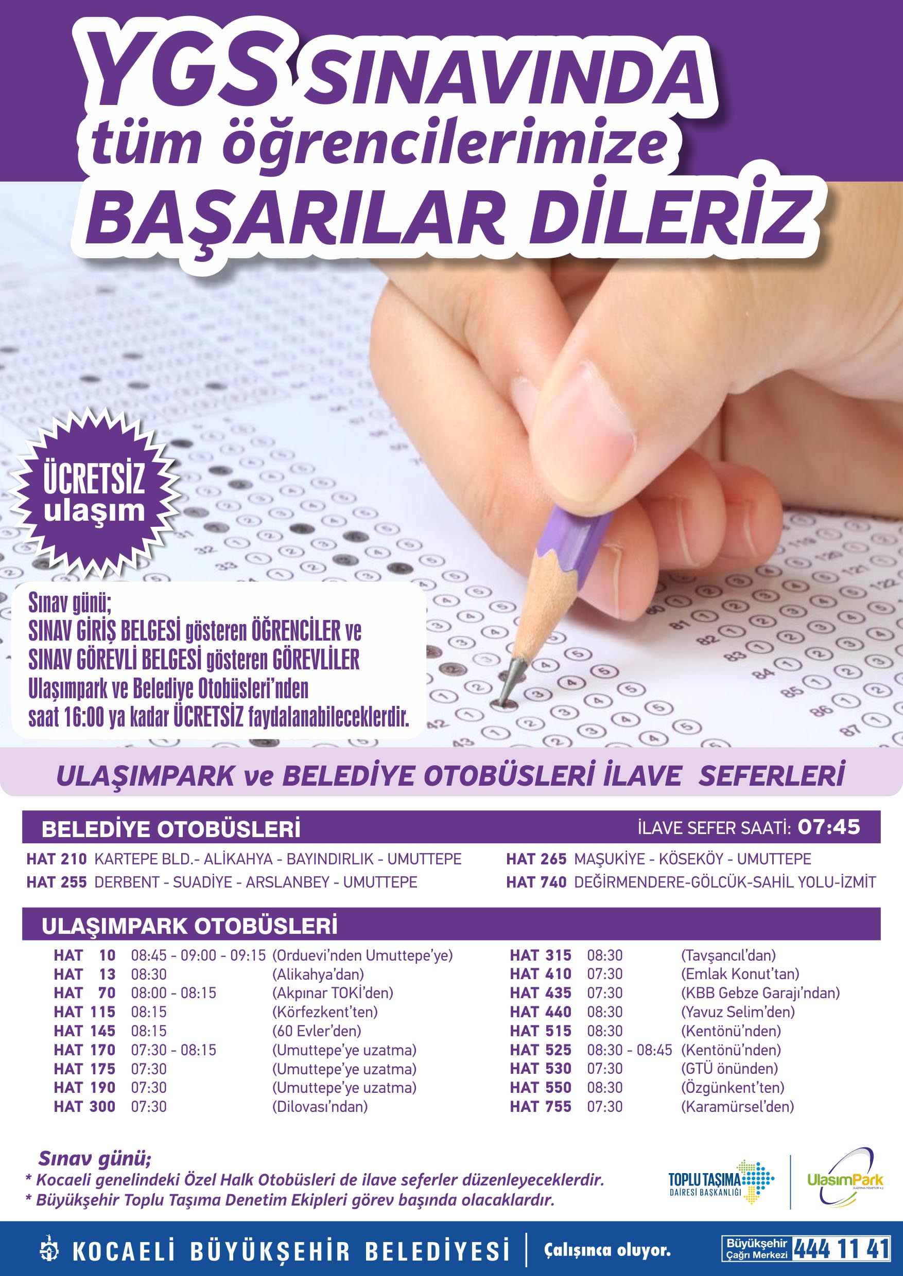 2017 YGS sınavı için ücretsiz ulaşım