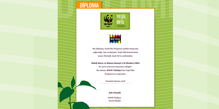 Betek Boya Genel Müdürlüğü  ‘Yeşil Ofis’ diplomasına hak kazandı