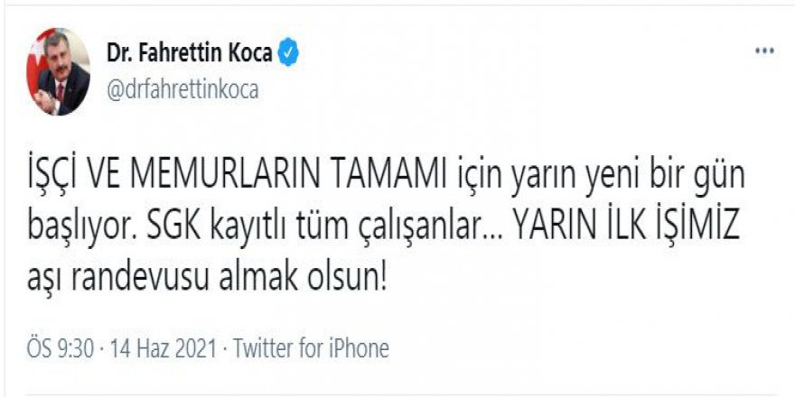 İşçi ve memurların tamamı için aşılama başlıyor