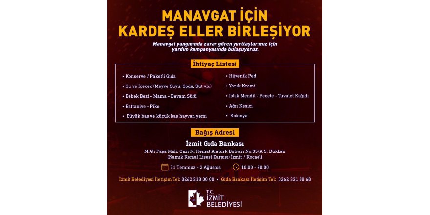 İzmit Belediyesi, Manavgat için yardım kampanyası başlattı