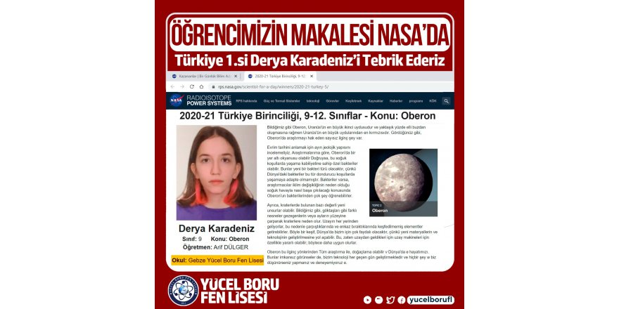 Gebzeli öğrencinin makalesi NASA’nın web sitesinde yayımlandı